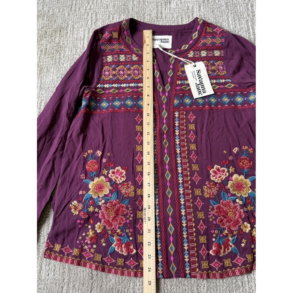 NWT Savanna Jane Embroidered Peasant Blouse Sz S Bohemian Long Sleeve Aztec - Picture 8 of 11